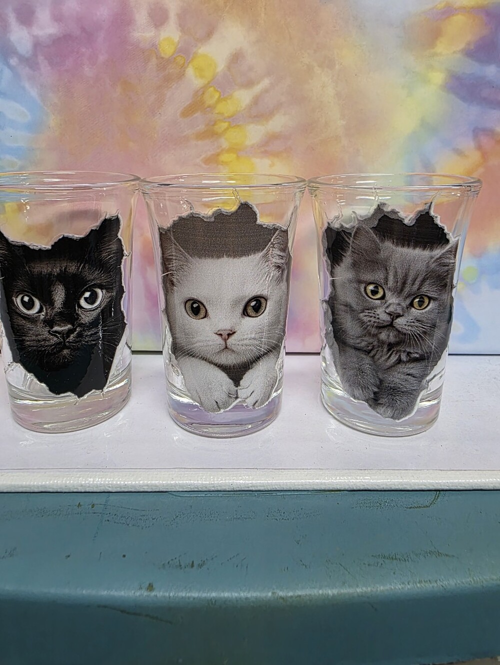 Hand Crafted Cat Shot Glass Trio - Black, White, Gray Kitties